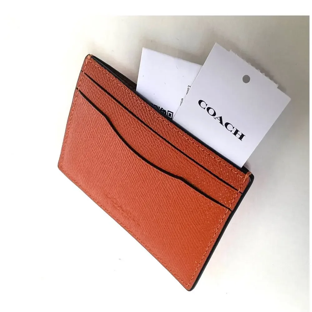 Coach Card Case Money Clip Spice Orange Crossgrain Leather Mens CDC79